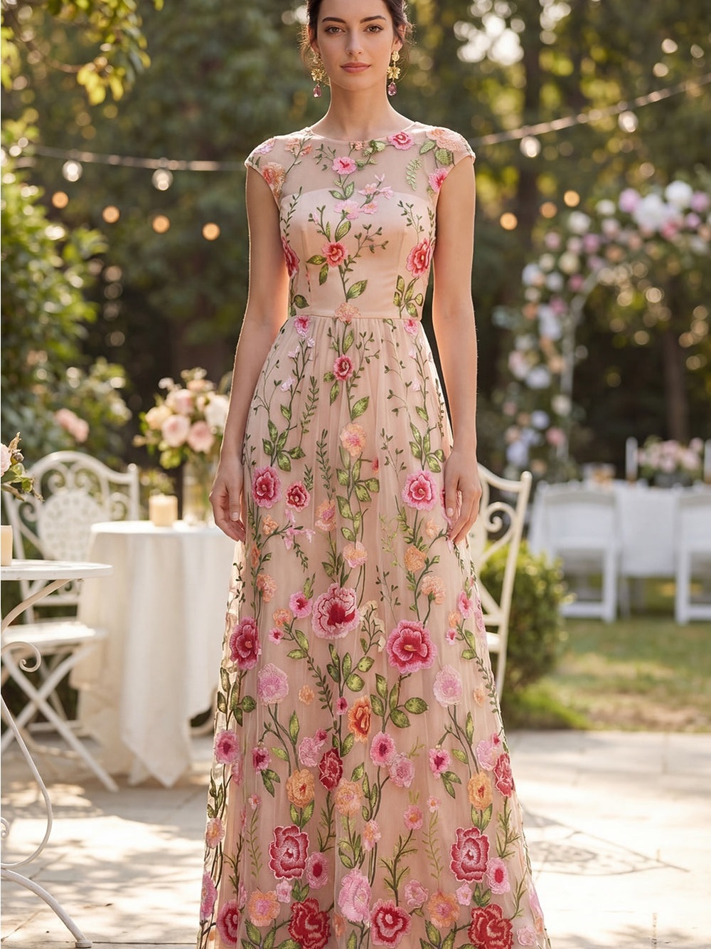 Floral Embroidered Cap-Sleeve Maxi Dress - Pink